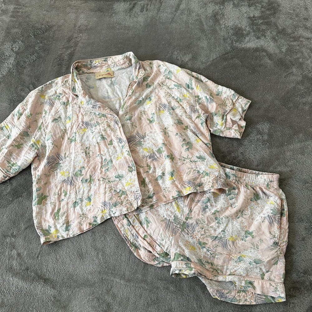 Papinelle Pajamas Set SMALL Pink Floral Shorts Short Sleeve Shirt Top